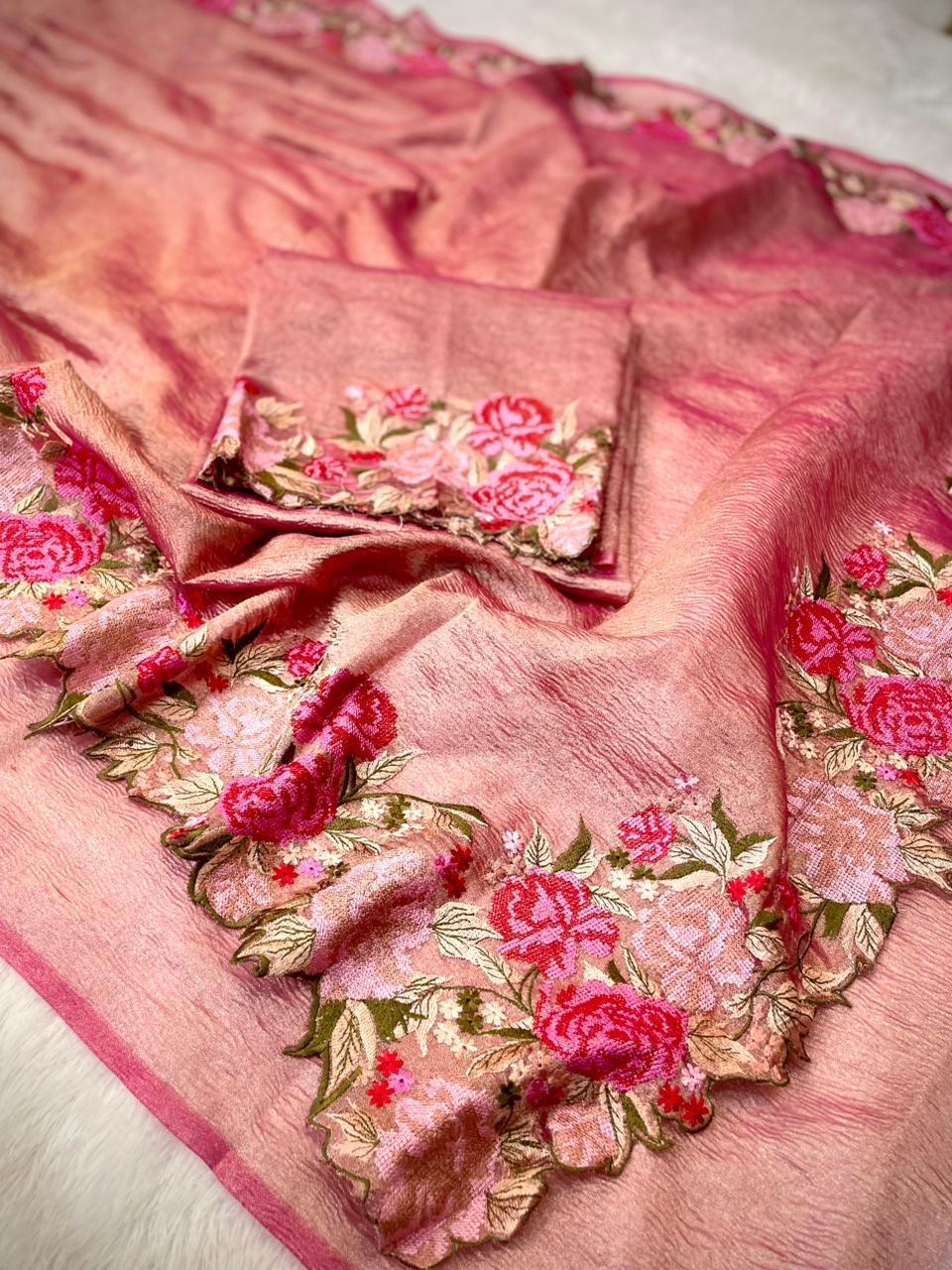 Rose Tissue Crunch Embroidery Saree