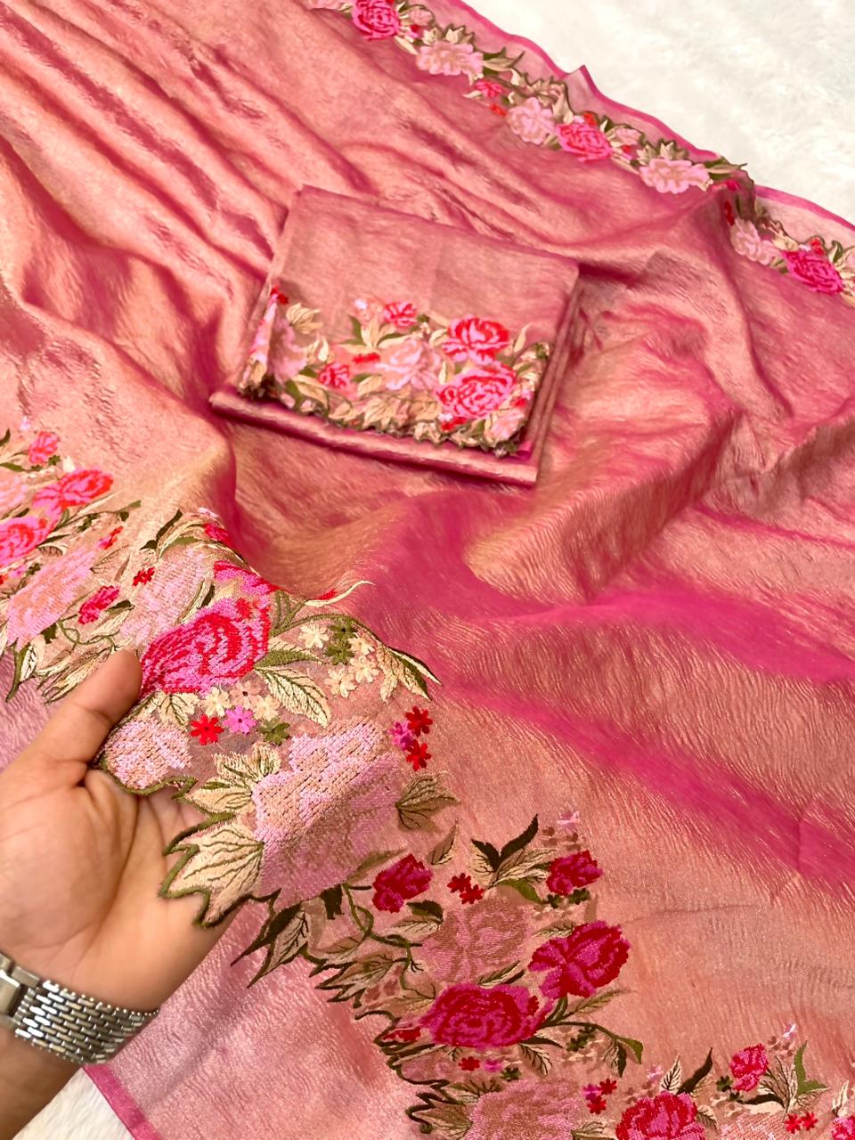 Rose Tissue Crunch Embroidery Saree