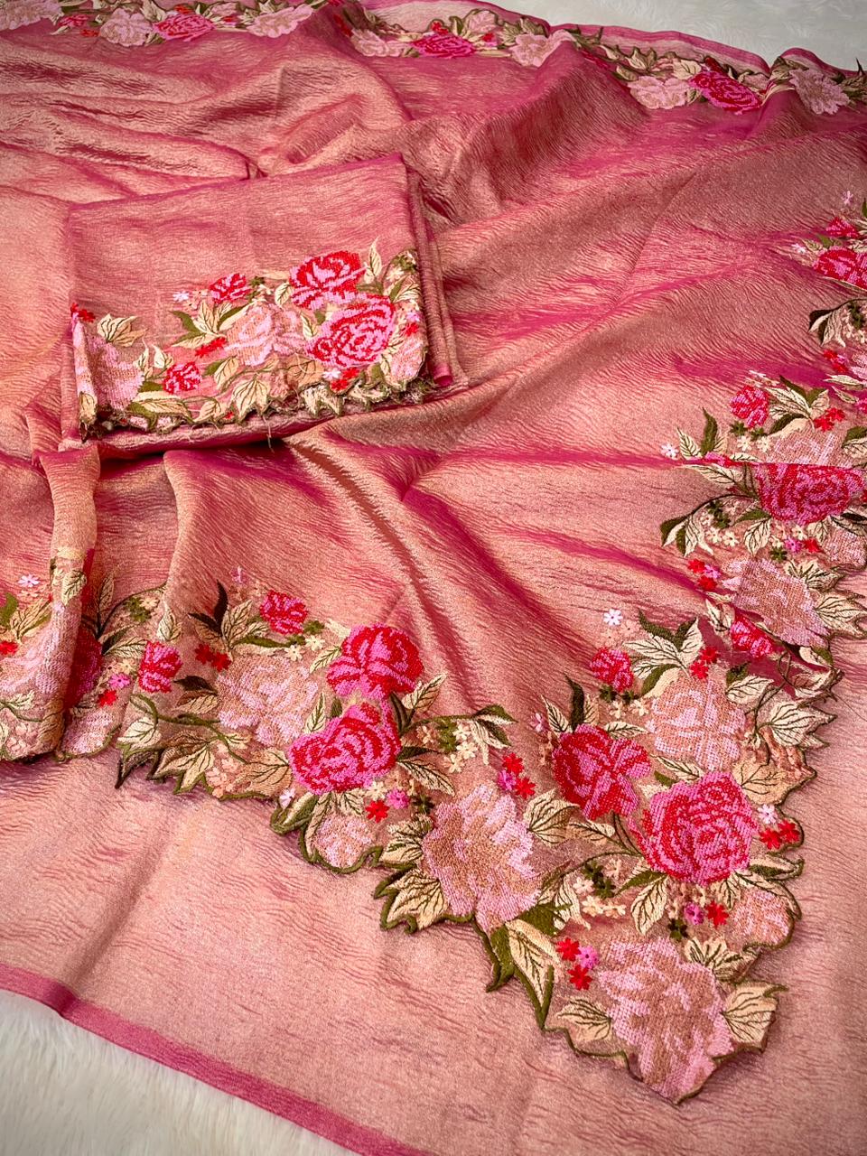 Rose Tissue Crunch Embroidery Saree
