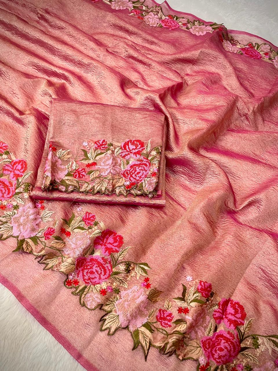 Banarasi tissue crunch embroidery saree