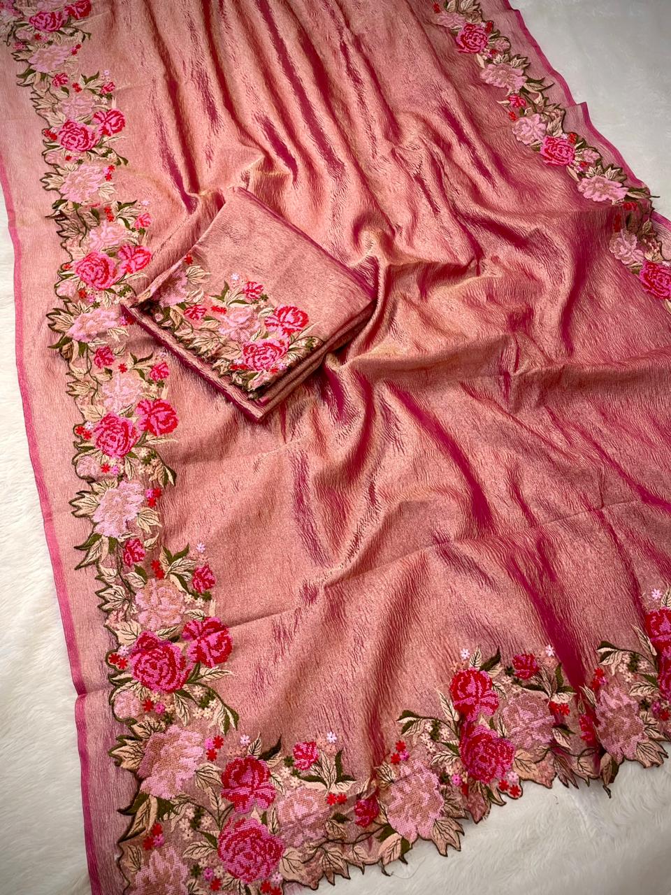 Rose Tissue Crunch Embroidery Saree