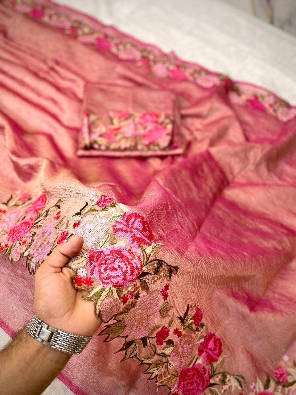 Banarasi tissue crunch embroidery saree