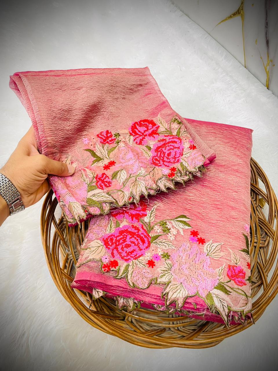 Rose Tissue Crunch Embroidery Saree