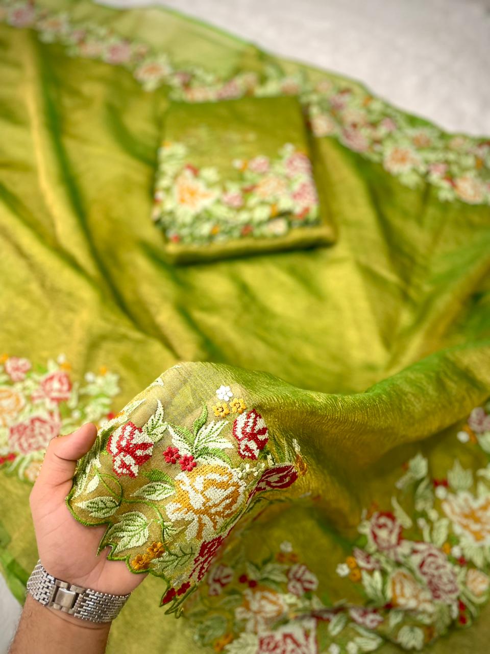 Rose Tissue Crunch Embroidery Saree