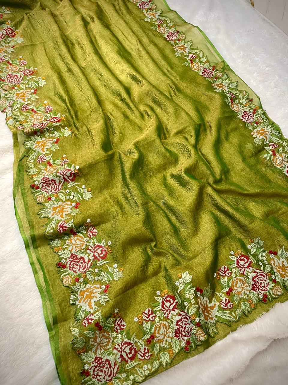 Rose Tissue Crunch Embroidery Saree