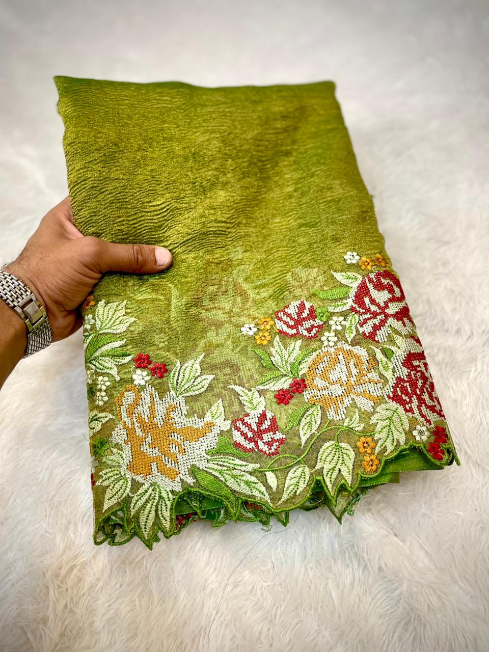 Rose Tissue Crunch Embroidery Saree