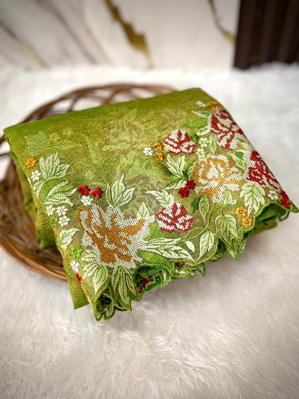 Rose Tissue Crunch Embroidery Saree