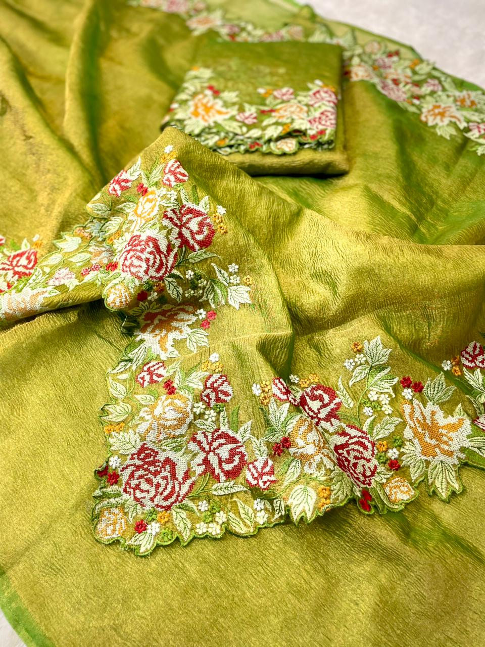 Rose Tissue Crunch Embroidery Saree
