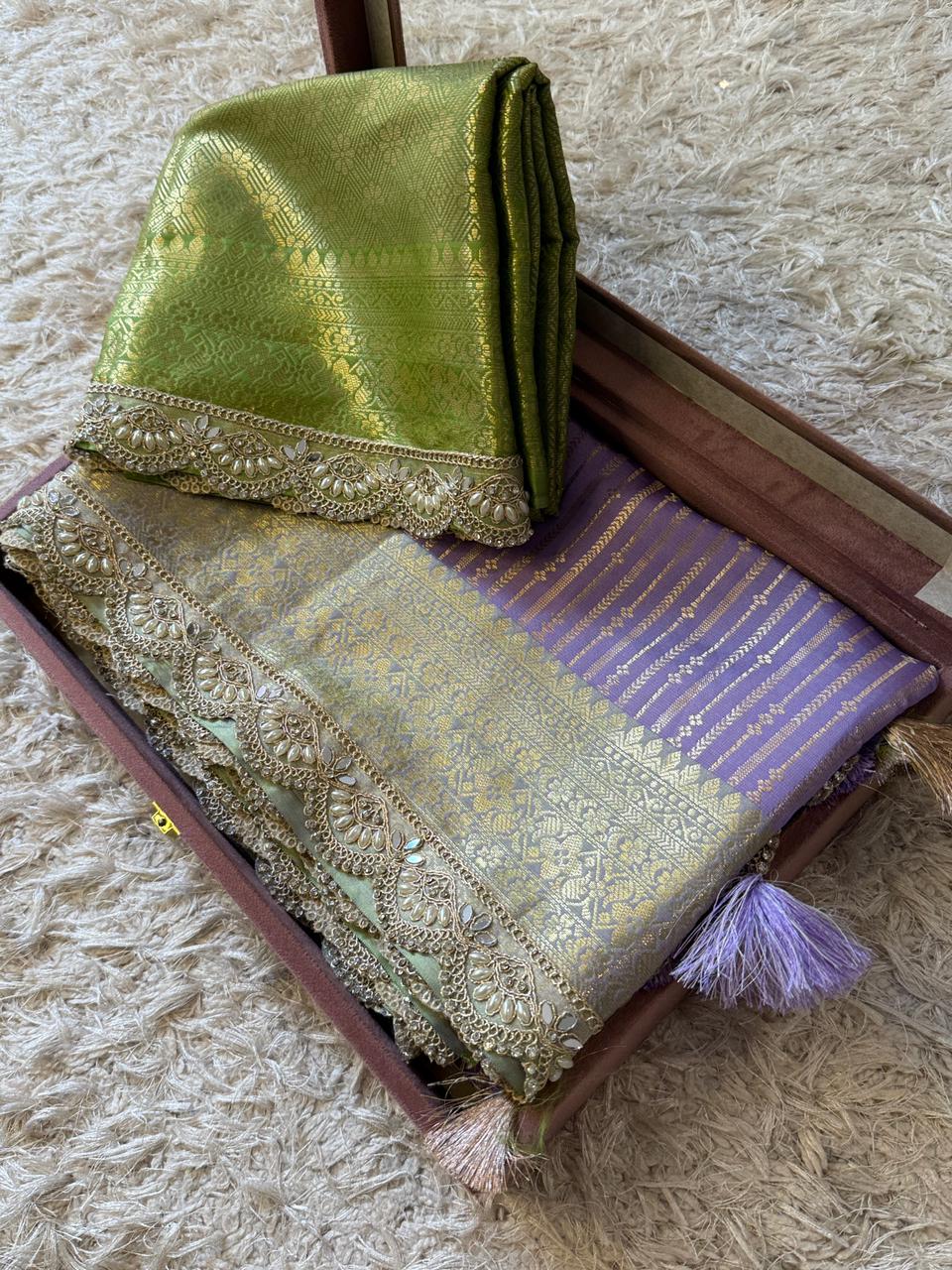 Exclusive Banarasi Katan Striped Silk Saree 💜💚✨