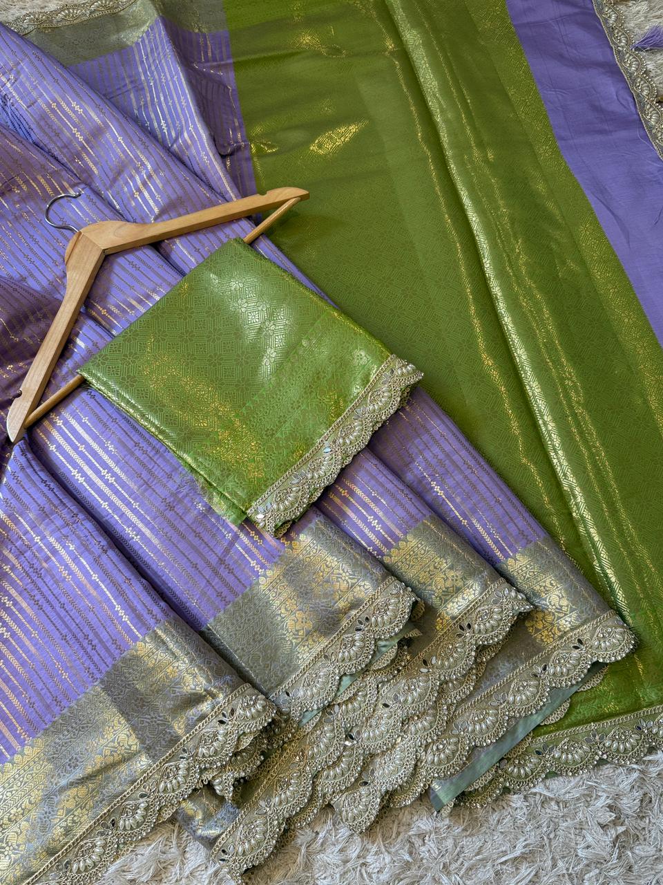 Exclusive Banarasi Katan Striped Silk Saree 💜💚✨