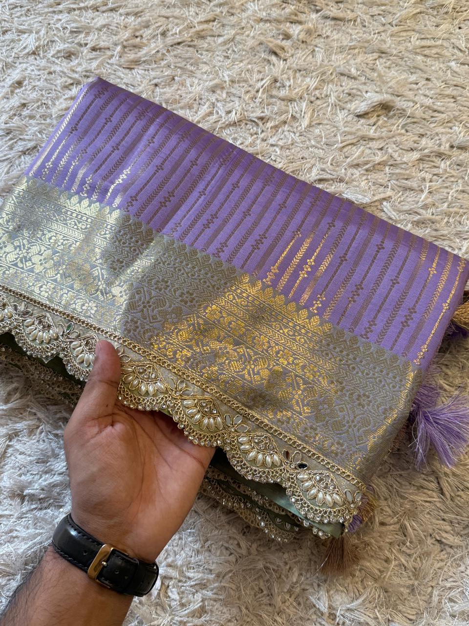 Exclusive Banarasi Katan Striped Silk Saree 💜💚✨