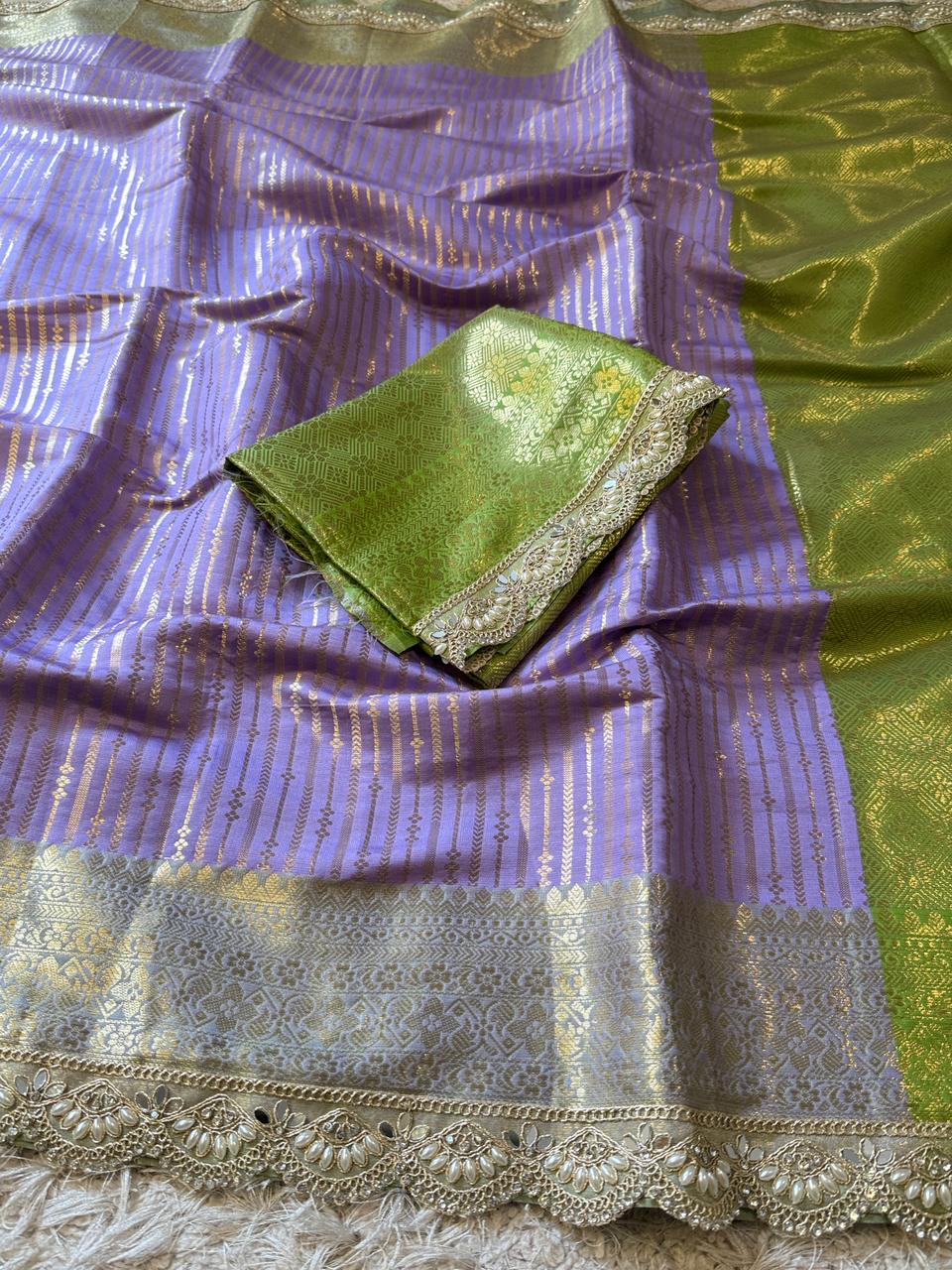 Exclusive Banarasi Katan Striped Silk Saree 💜💚✨