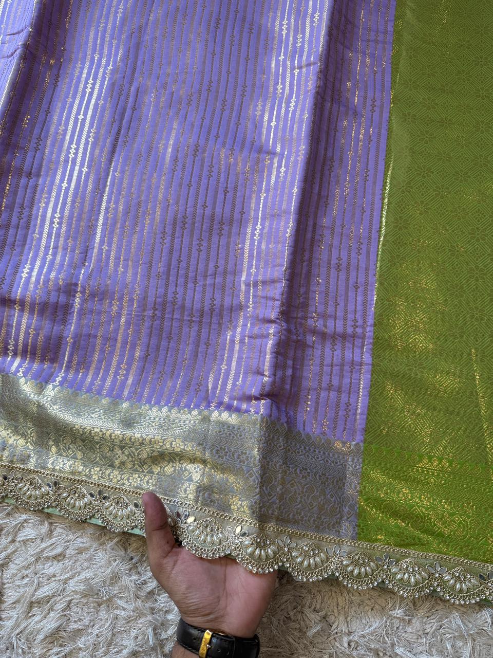 Exclusive Banarasi Katan Striped Silk Saree 💜💚✨