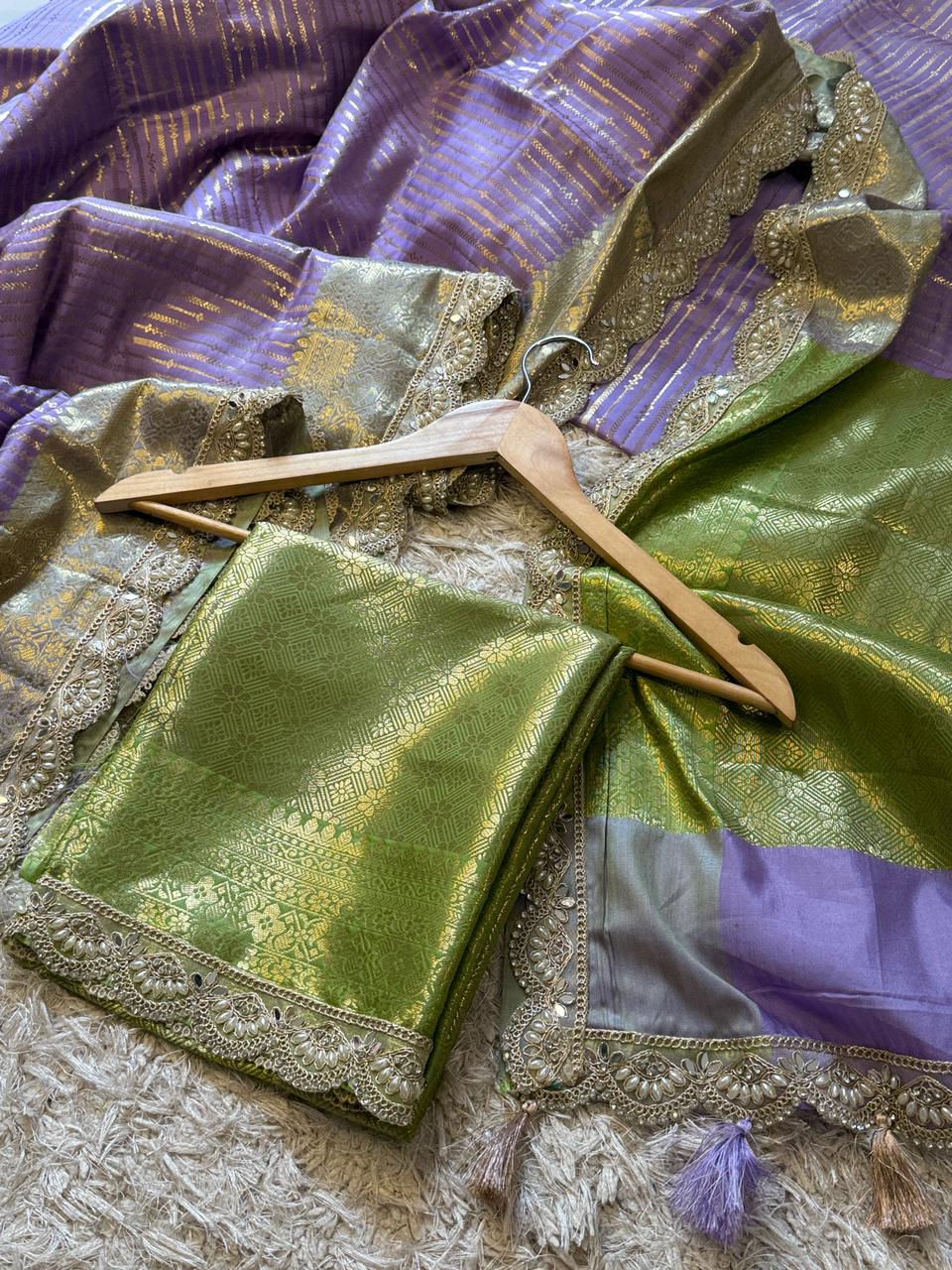 Exclusive Banarasi Katan Striped Silk Saree 💜💚✨