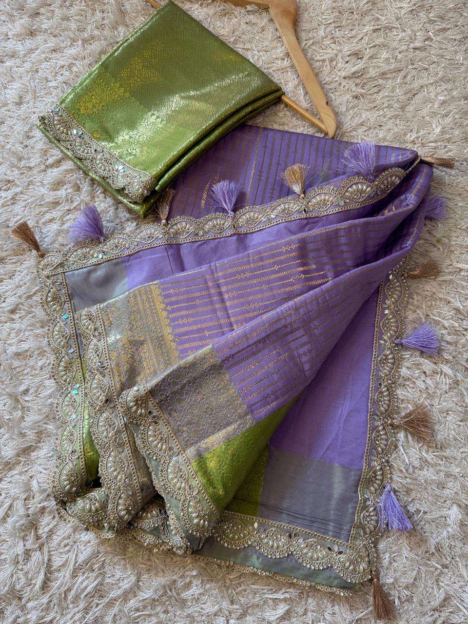 Exclusive Banarasi Katan Striped Silk Saree 💜💚✨