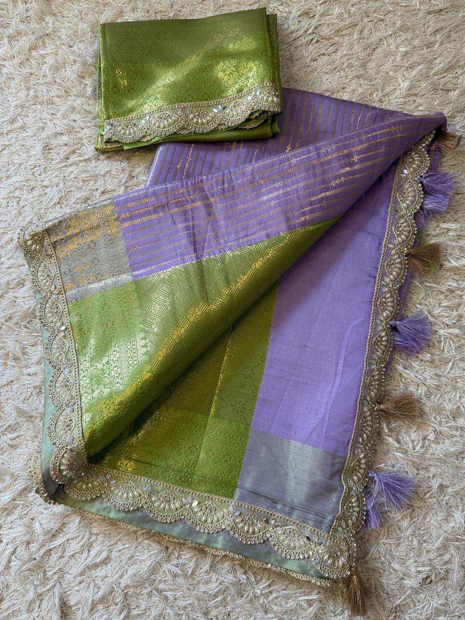 Exclusive Banarasi Katan Striped Silk Saree 💜💚✨