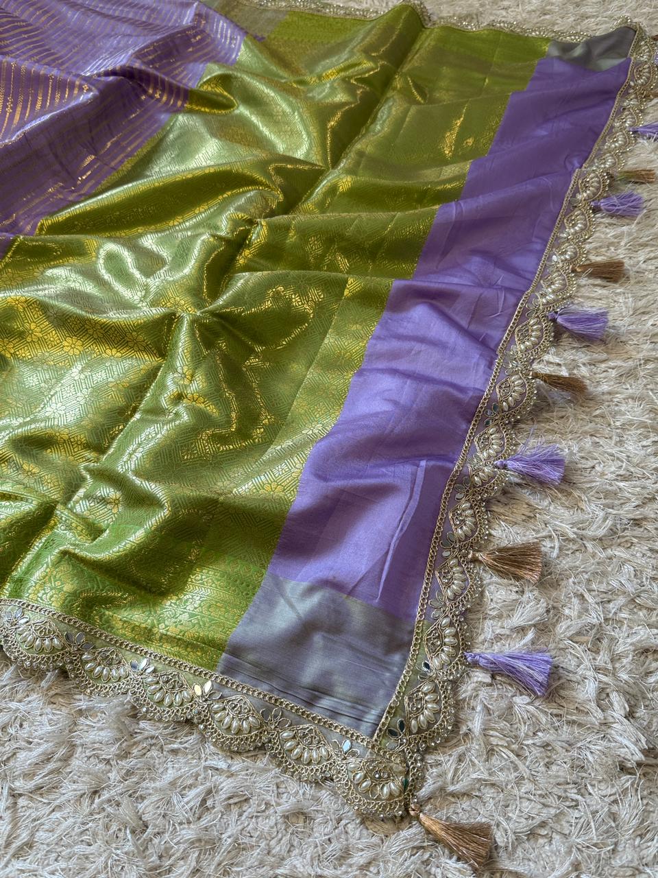 Exclusive Banarasi Katan Striped Silk Saree 💜💚✨