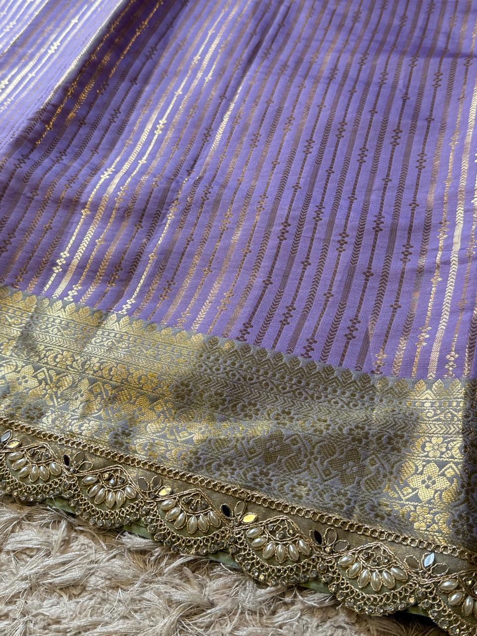 Exclusive Banarasi Katan Striped Silk Saree 💜💚✨