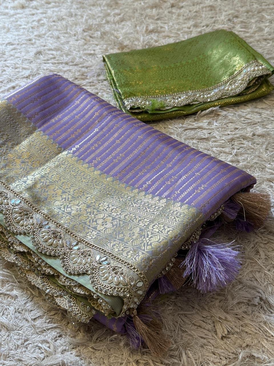 Exclusive Banarasi Katan Striped Silk Saree 💜💚✨