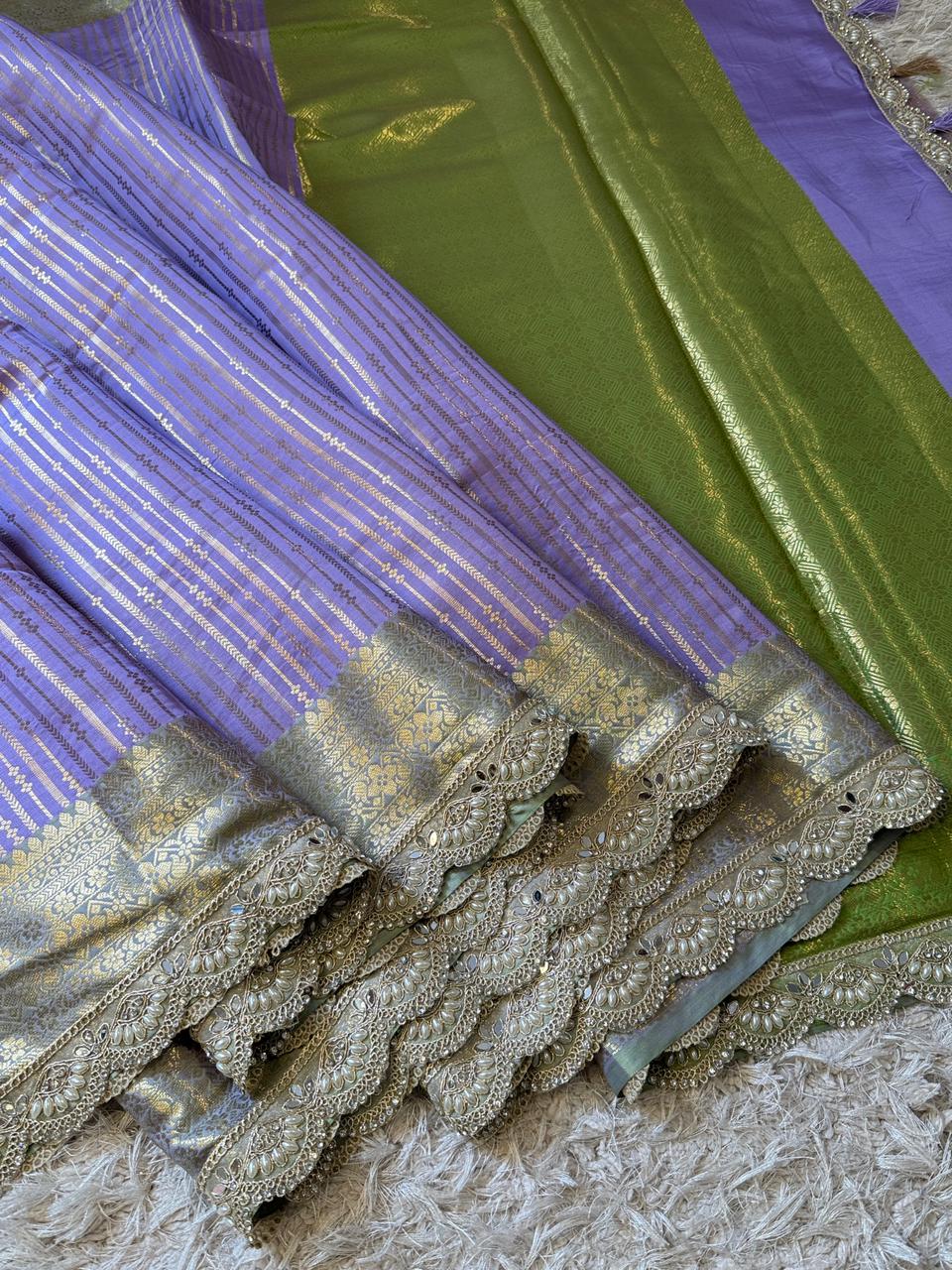 Exclusive Banarasi Katan Striped Silk Saree 💜💚✨