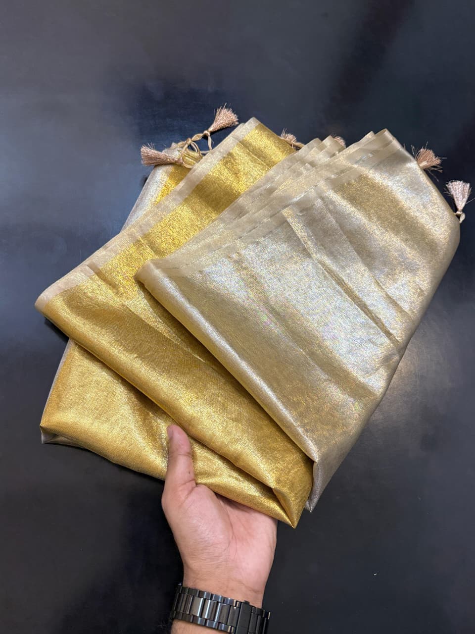 Two Tone Metallic Banarasi Tissue Soft Silk Saree with Tassels work ✨