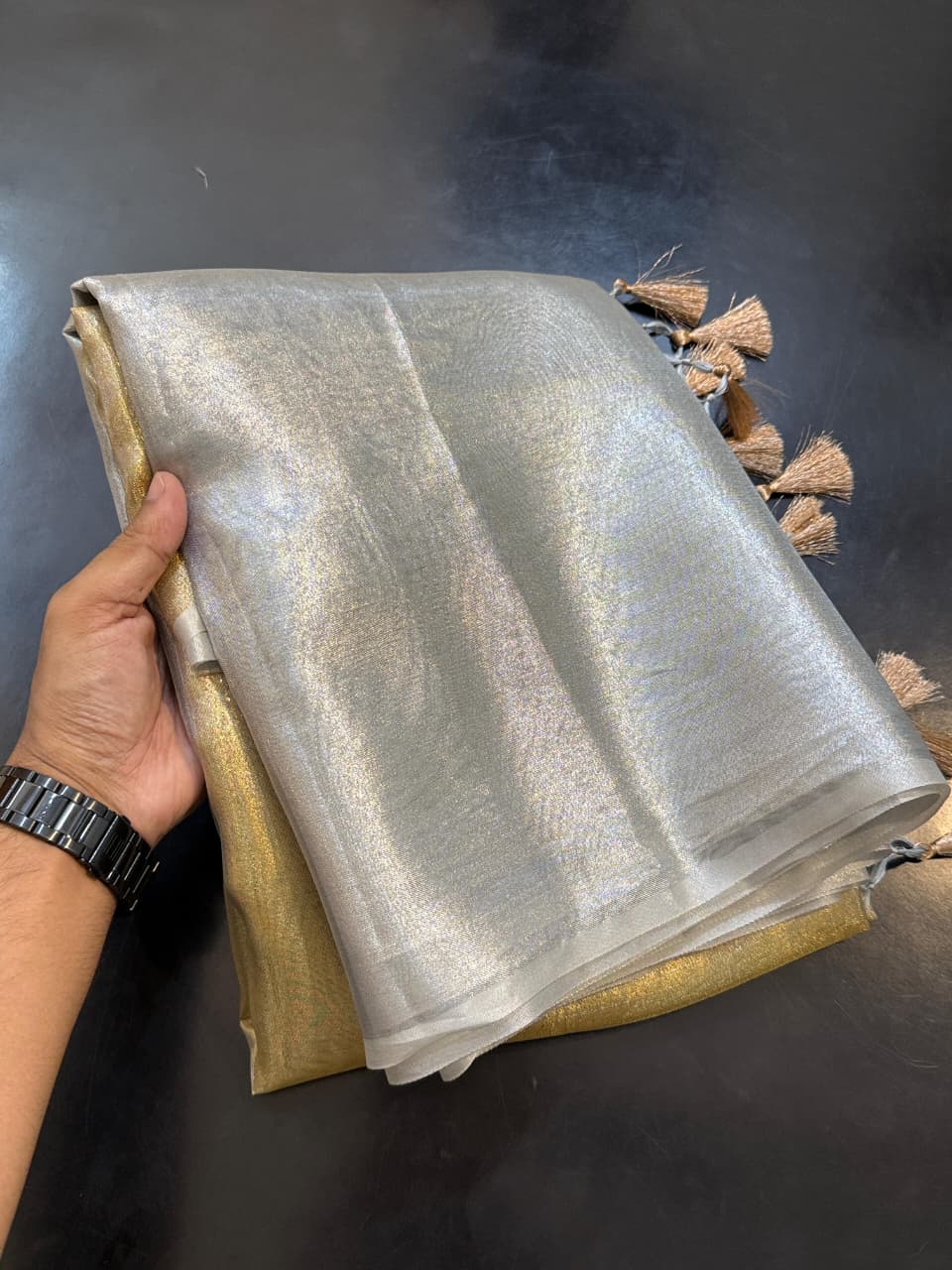 Two Tone Metallic Banarasi Tissue Soft Silk Saree with Tassels work ✨