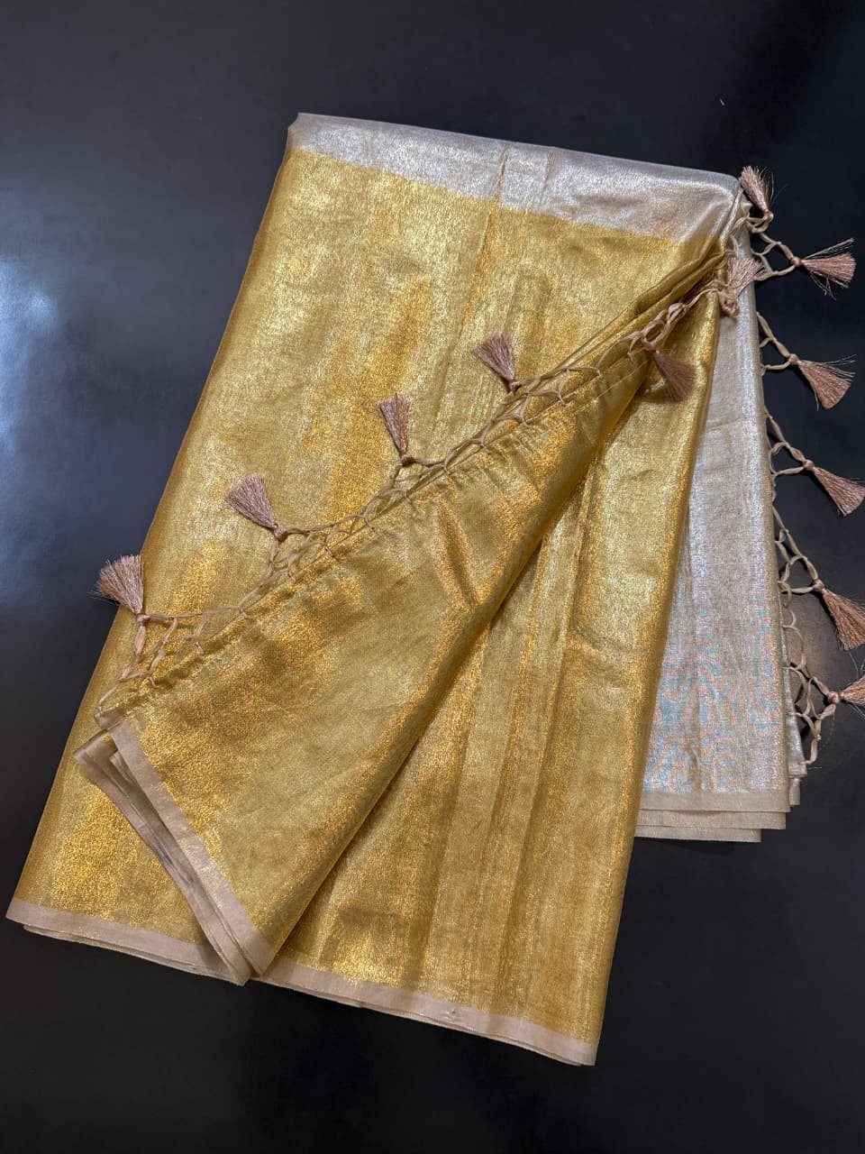 Two Tone Metallic Banarasi Tissue Soft Silk Saree with Tassels work ✨
