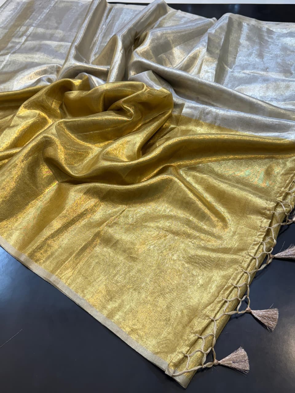 Two Tone Metallic Banarasi Tissue Soft Silk Saree with Tassels work ✨