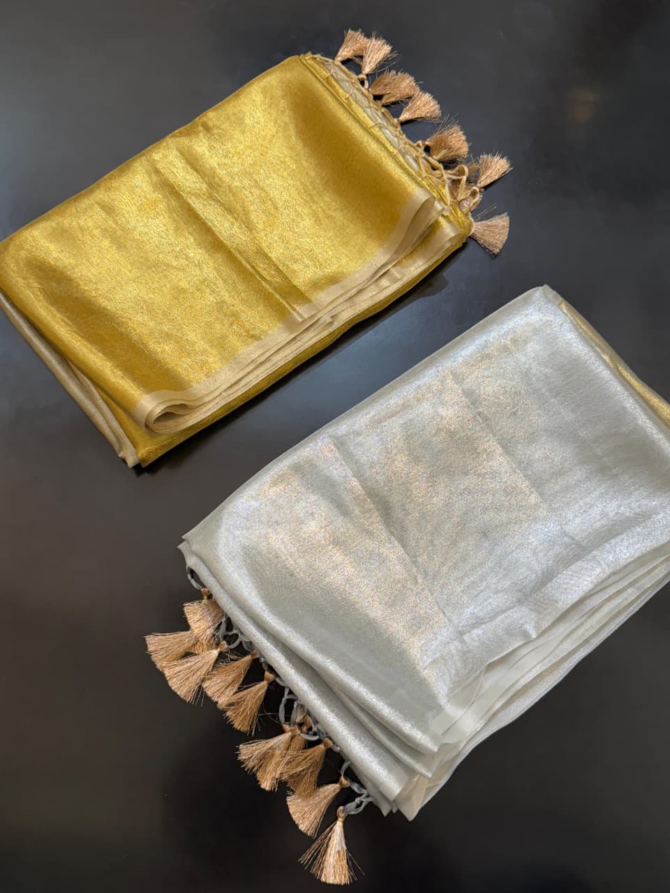 Two Tone Metallic Banarasi Tissue Soft Silk Saree with Tassels work ✨