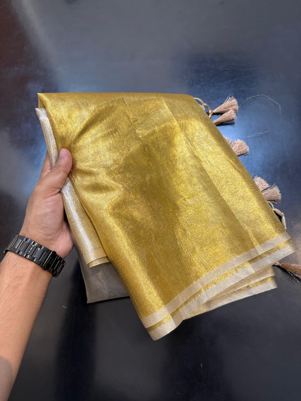 Two Tone Metallic Banarasi Tissue Soft Silk Saree with Tassels work ✨
