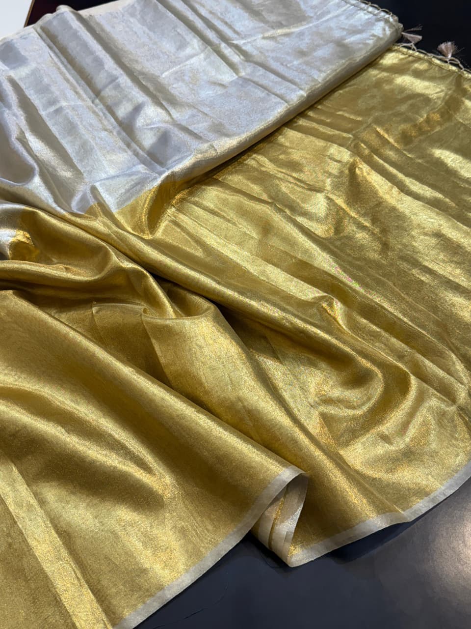 Two Tone Metallic Banarasi Tissue Soft Silk Saree with Tassels work ✨