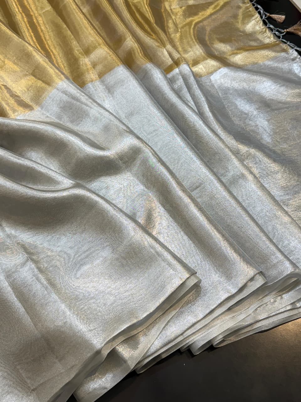Two Tone Metallic Banarasi Tissue Soft Silk Saree with Tassels work ✨