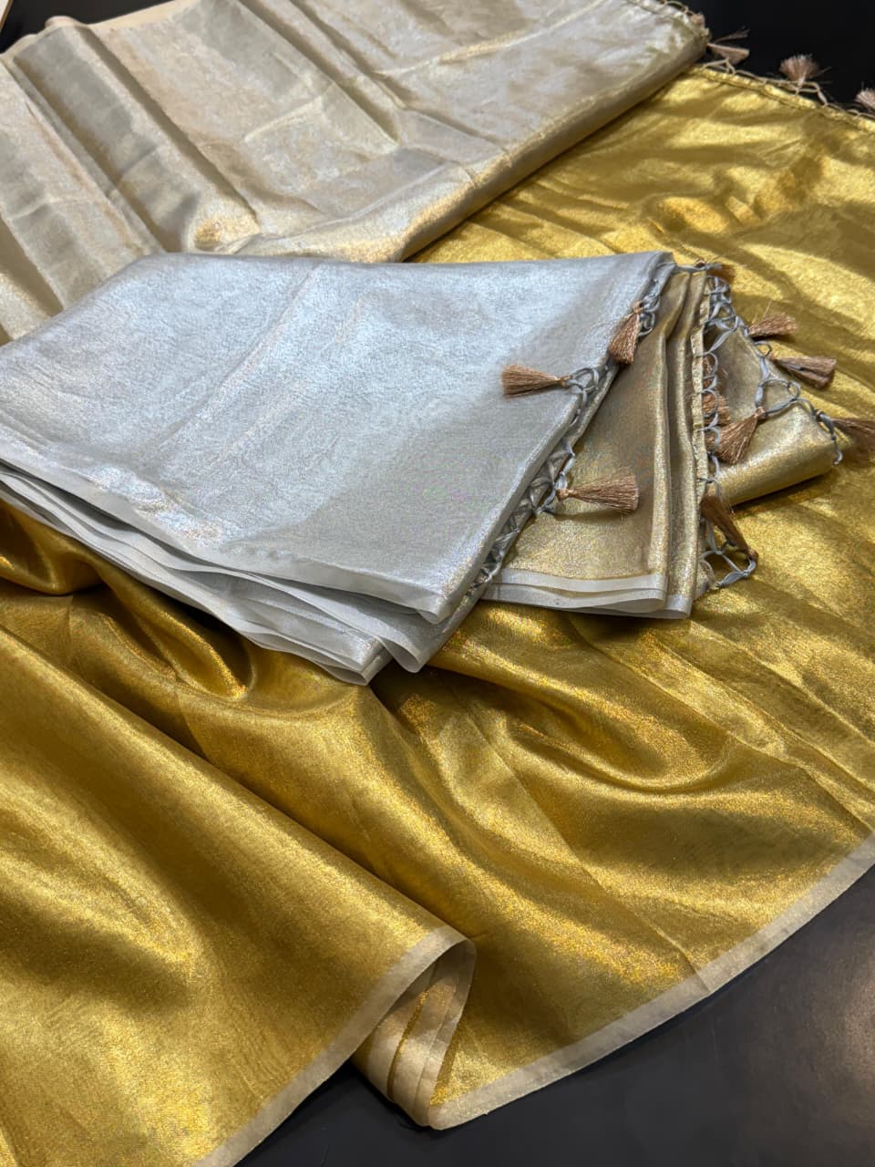 Two Tone Metallic Banarasi Tissue Soft Silk Saree with Tassels work ✨