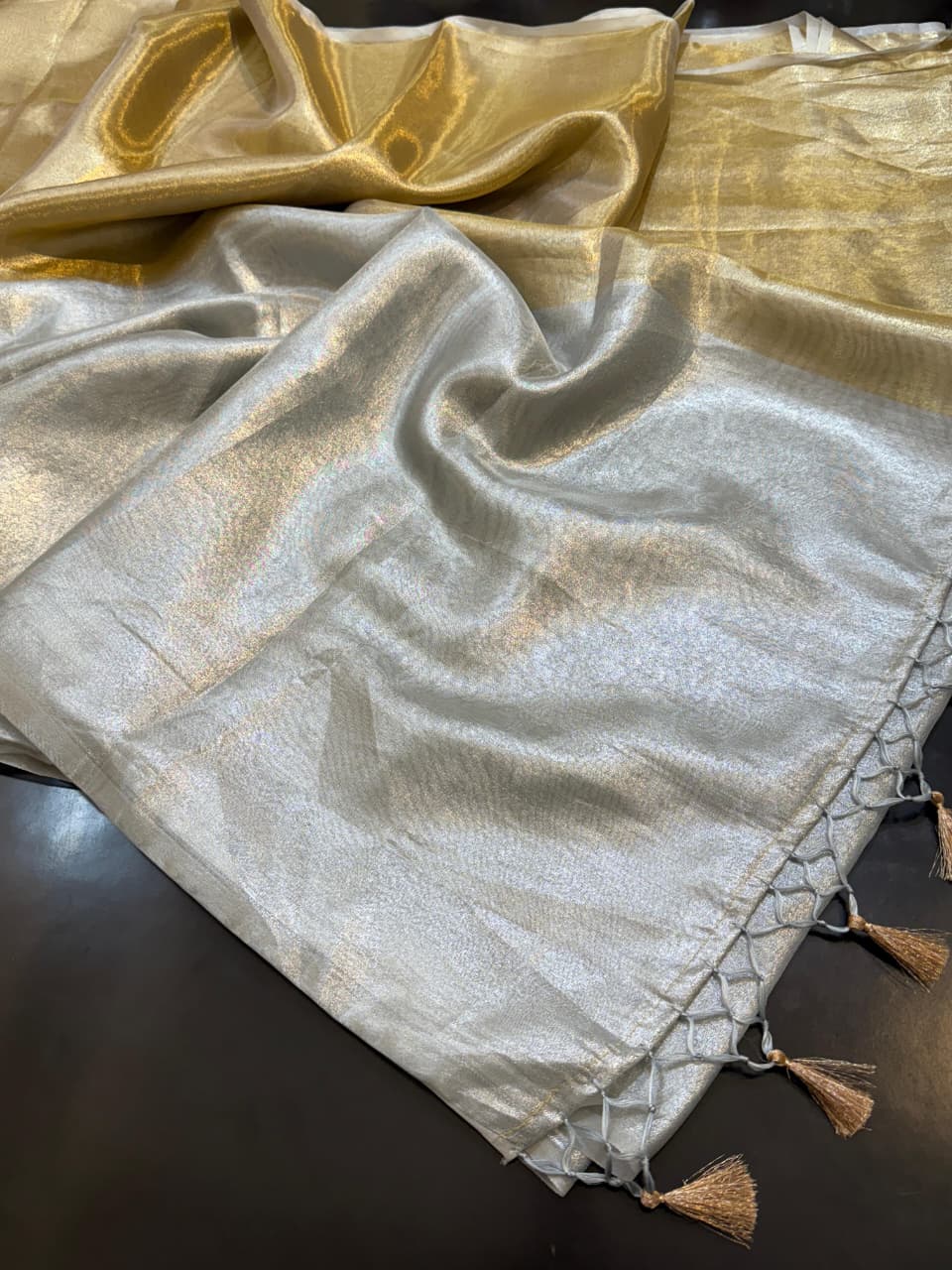 Two Tone Metallic Banarasi Tissue Soft Silk Saree with Tassels work ✨