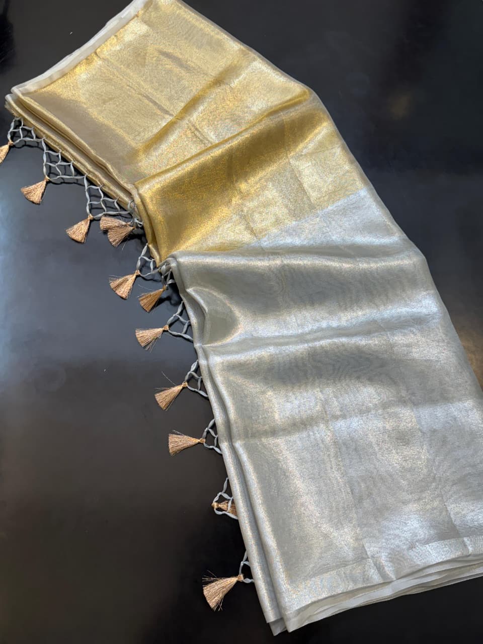 Two Tone Metallic Banarasi Tissue Soft Silk Saree with Tassels work ✨