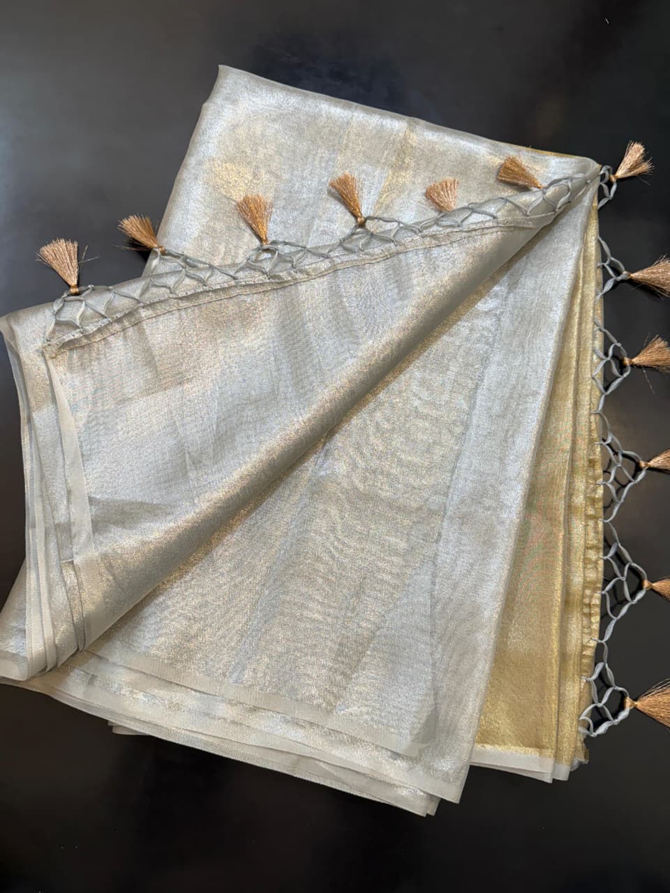Two Tone Metallic Banarasi Tissue Soft Silk Saree with Tassels work ✨