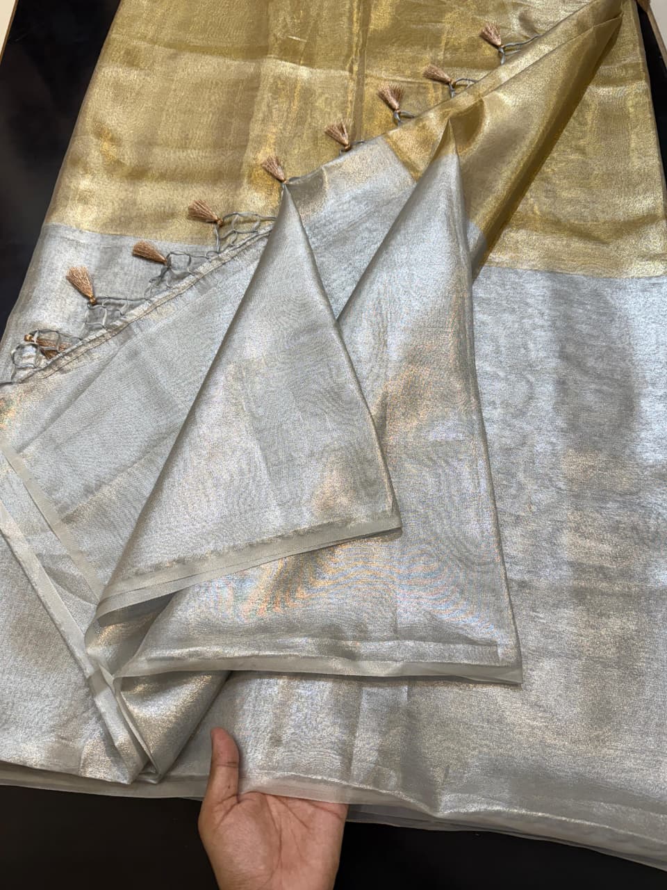 Two Tone Metallic Banarasi Tissue Soft Silk Saree with Tassels work ✨