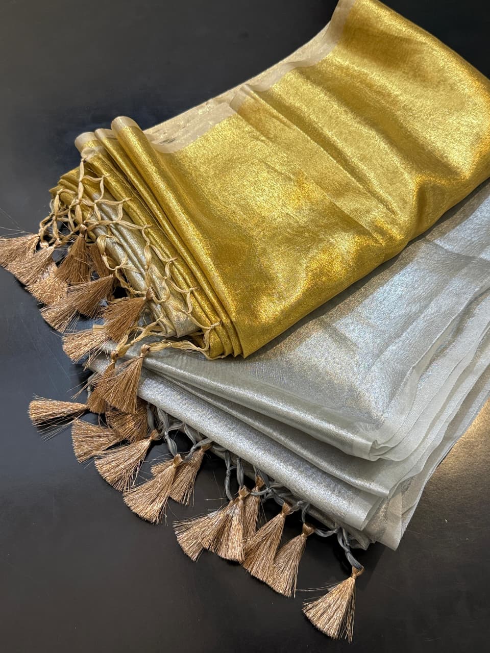 Two Tone Metallic Banarasi Tissue Soft Silk Saree with Tassels work ✨