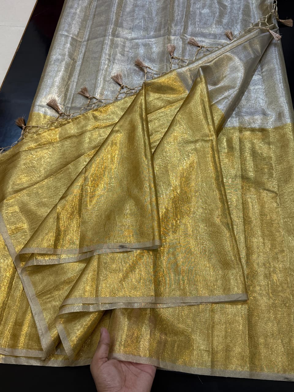 Two Tone Metallic Banarasi Tissue Soft Silk Saree with Tassels work ✨