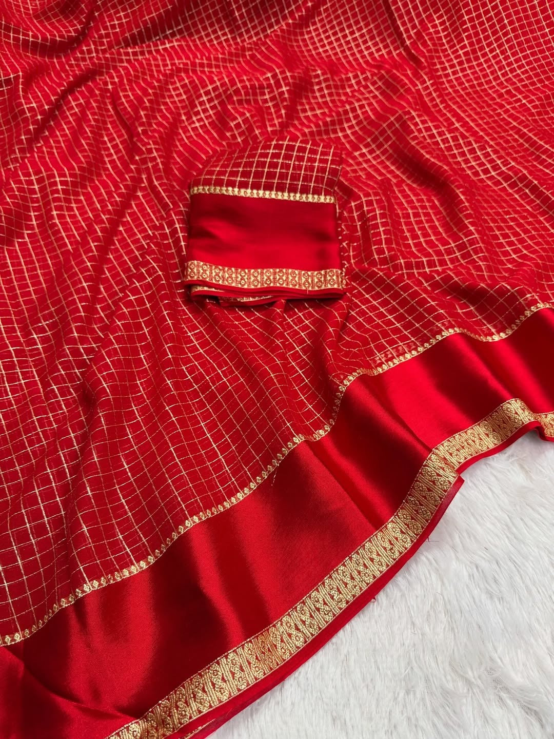 Pure viscose Georgette with small checks weaving with satin patta border