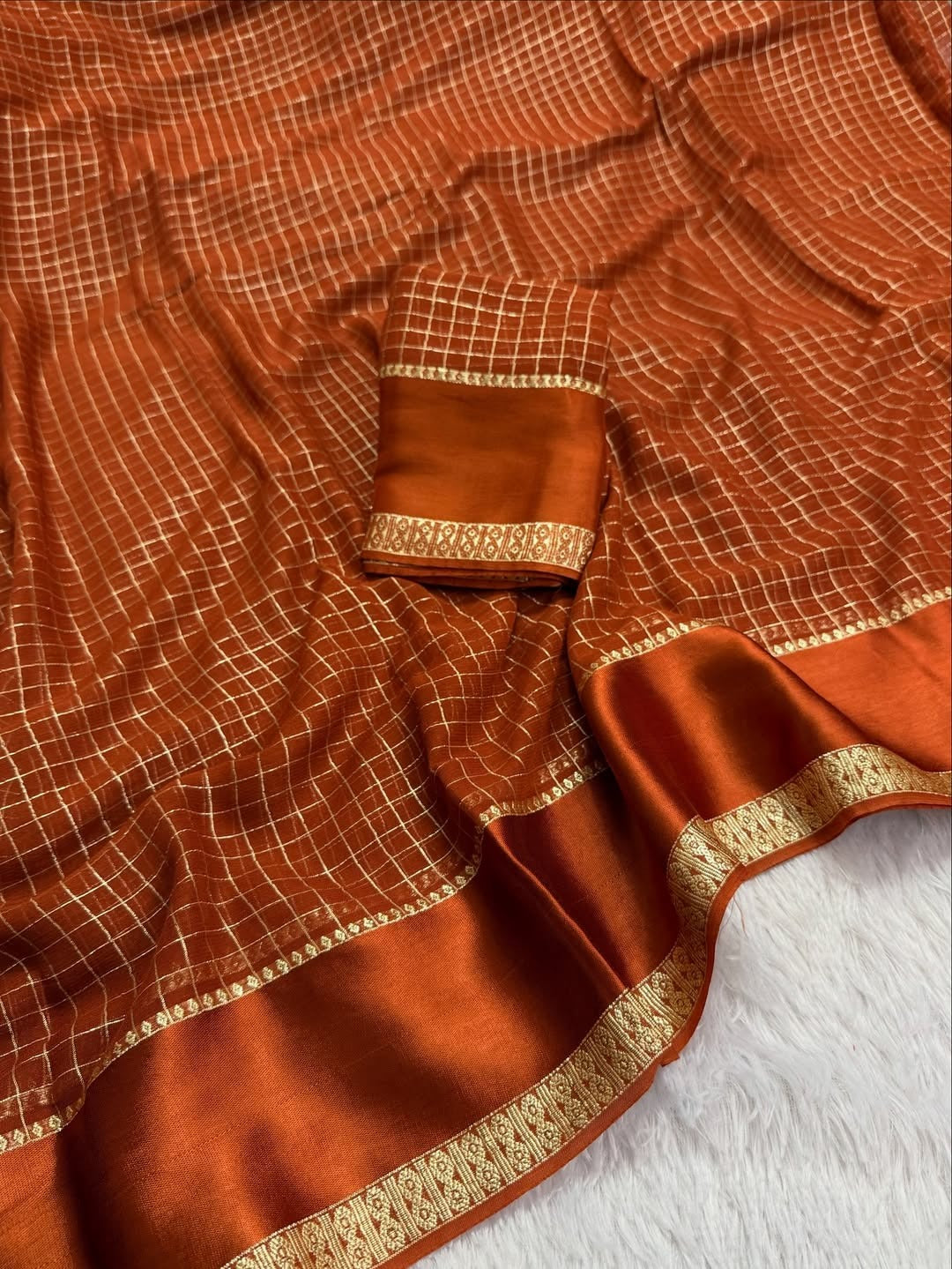 Pure viscose Georgette with small checks weaving with satin patta border