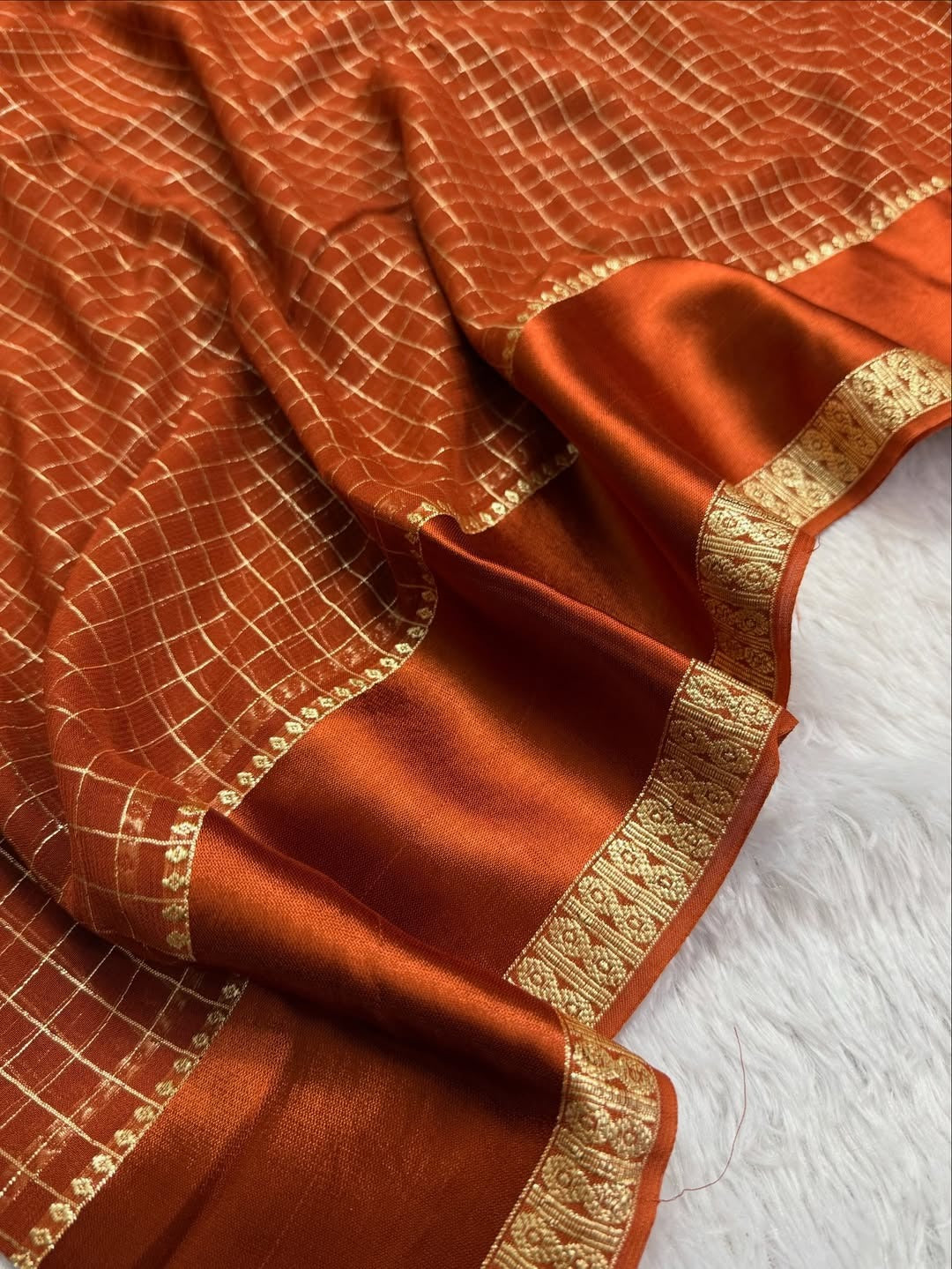 Pure viscose Georgette with small checks weaving with satin patta border