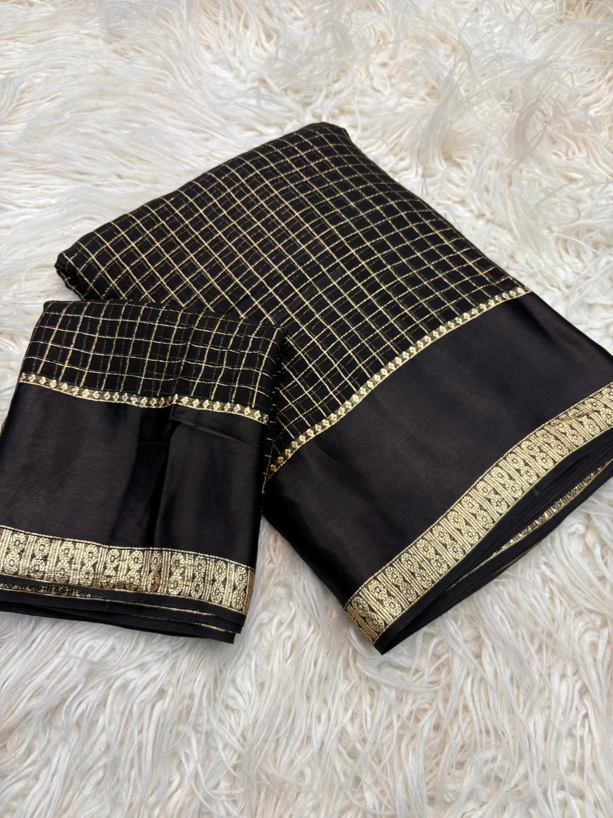 Pure viscose Georgette with small checks weaving with satin patta border