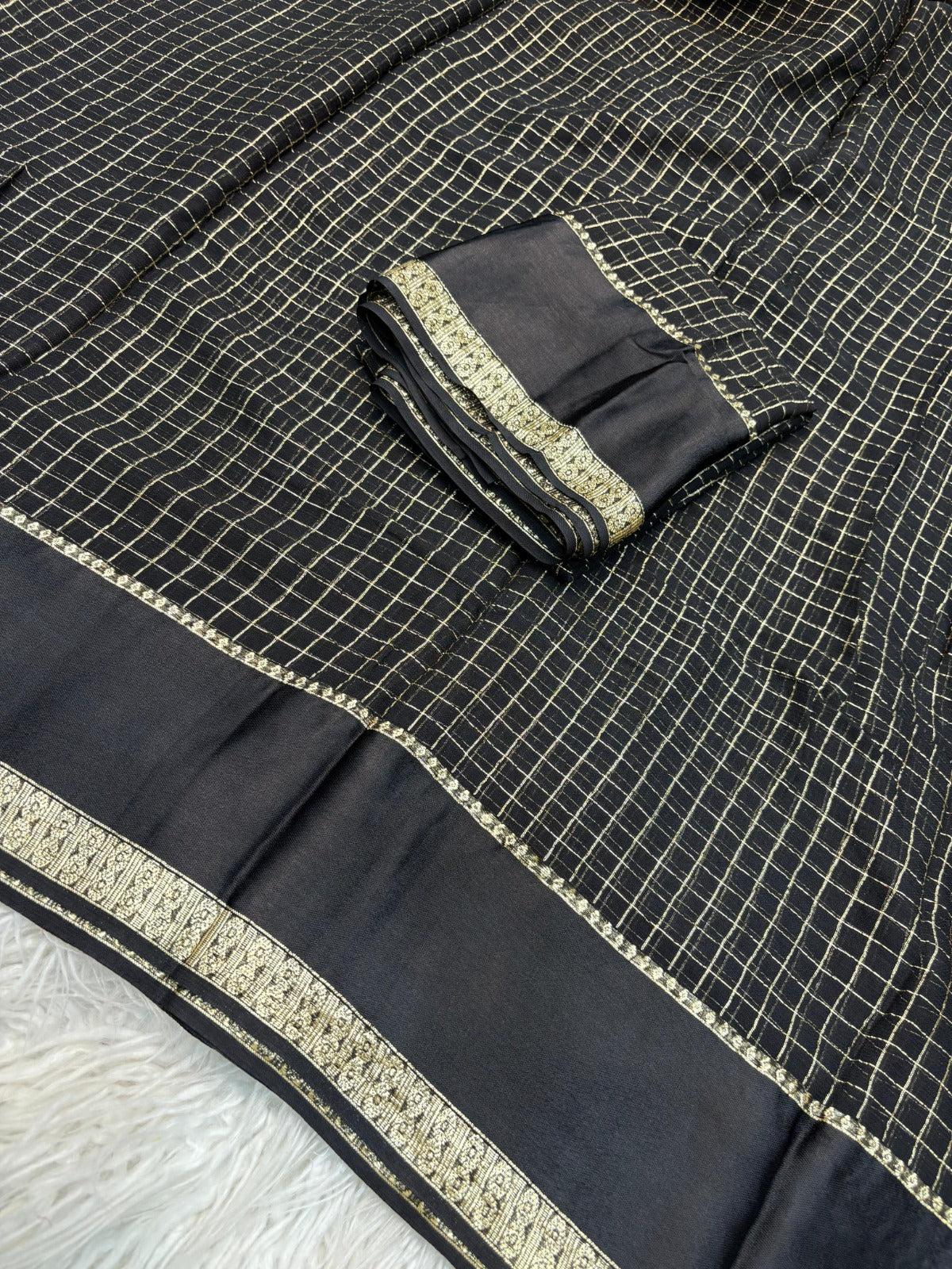 Pure viscose Georgette with small checks weaving with satin patta border