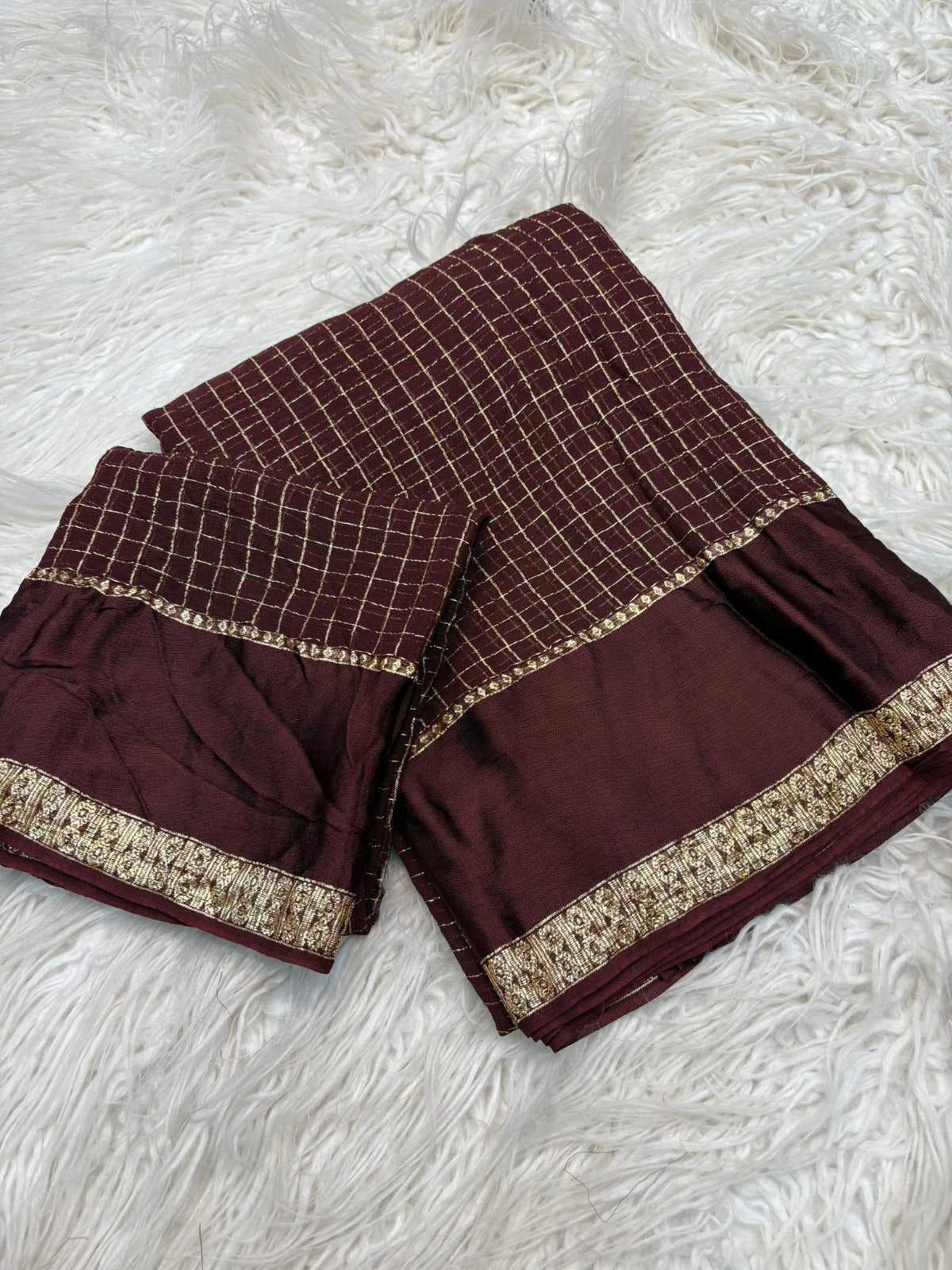 Pure viscose Georgette with small checks weaving with satin patta border
