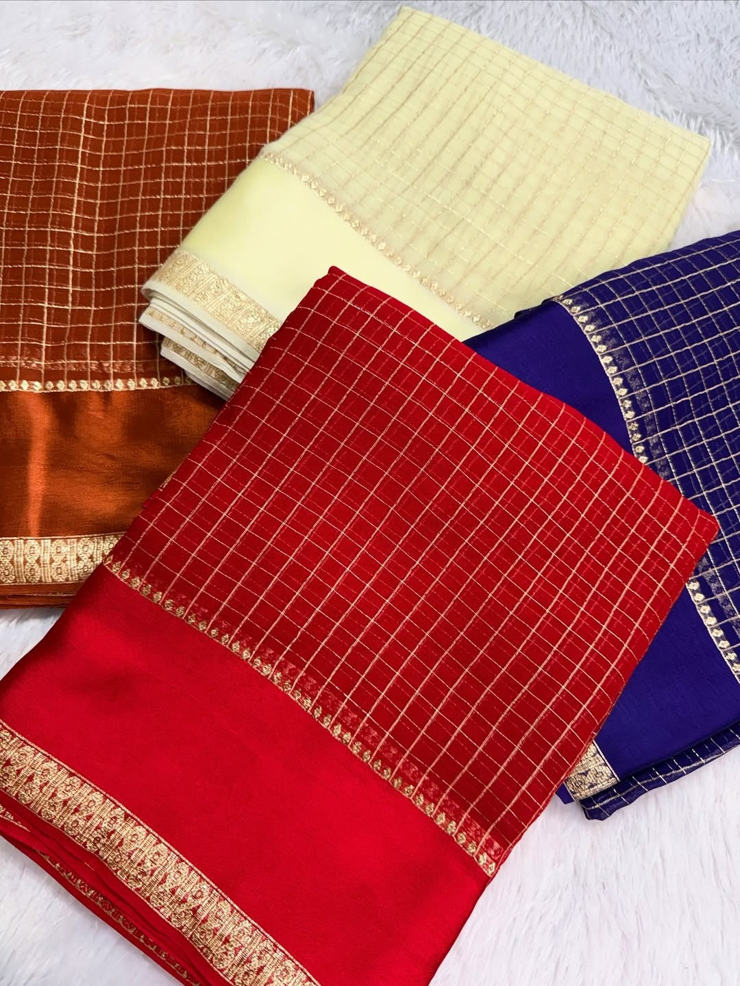 Pure viscose Georgette with small checks weaving with satin patta border