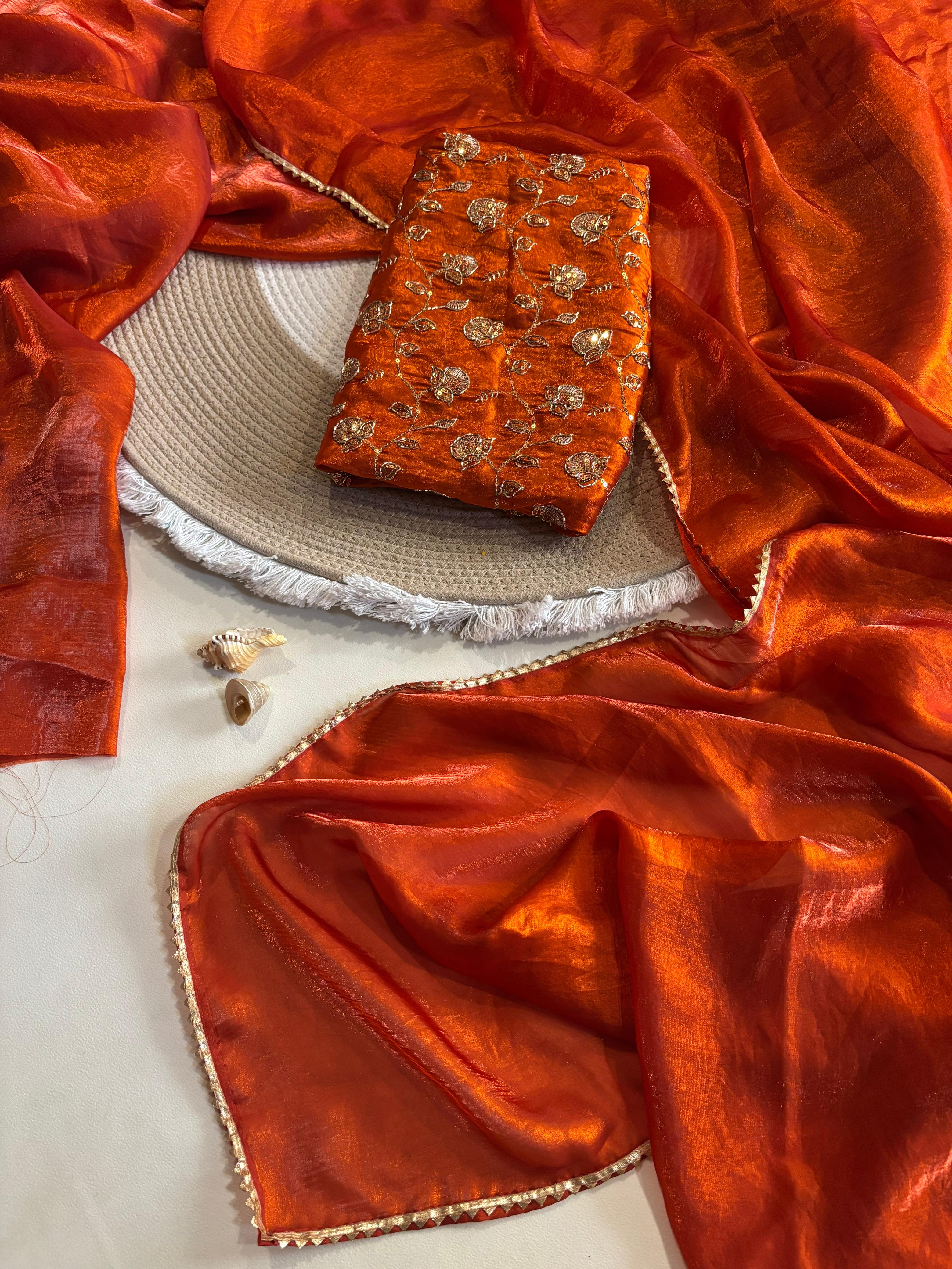 Designer Space silk Tissue  Saree with Beads work Blouse