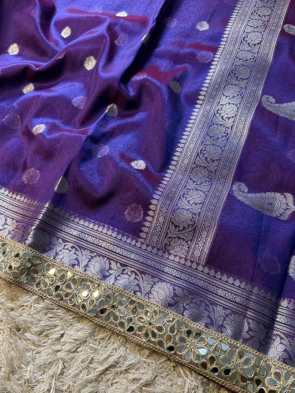 Banarasi Glass Tissue Silver Booti Saree ✨