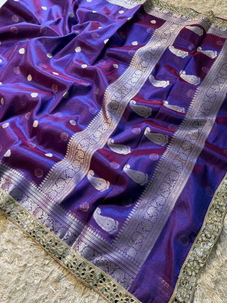 Banarasi Glass Tissue Silver Booti Saree ✨