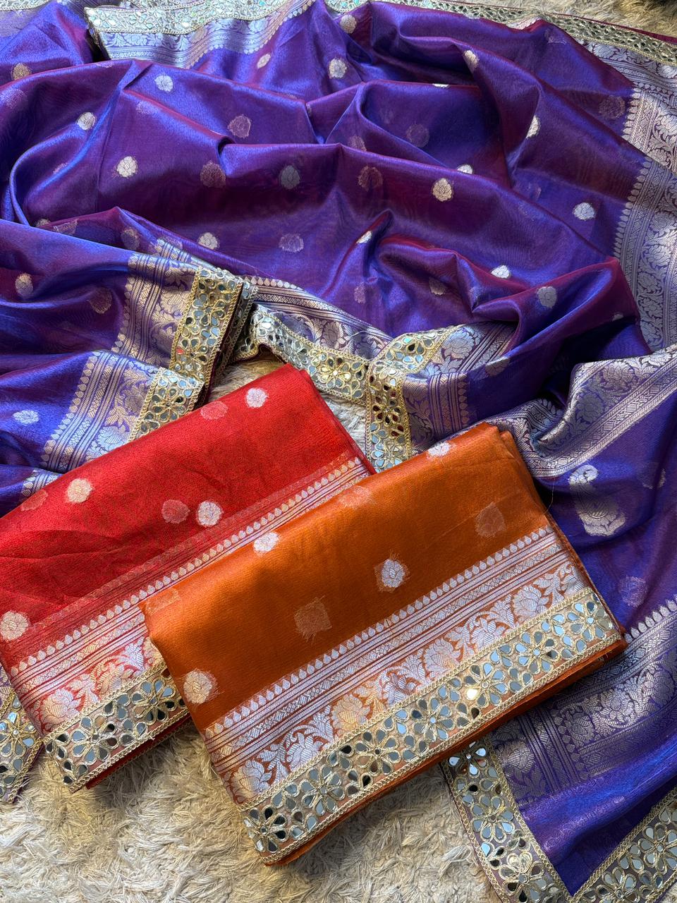 Banarasi Glass Tissue Silver Booti Saree ✨